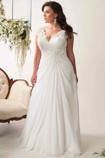 Stylish Looks Sheath V-Neck Appliqued Cap-Sleeve Chiffon Plus Size Wedding Dress With Ruching And Keyhole