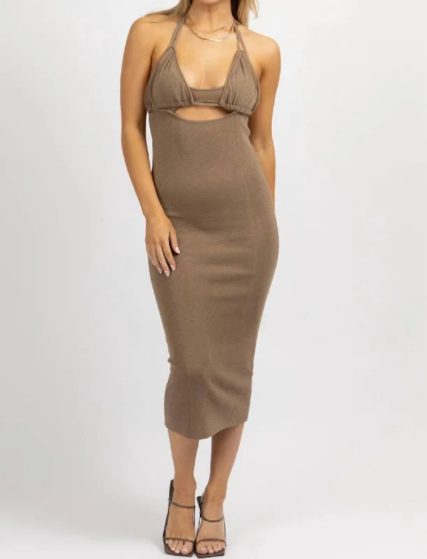 Fashion-Forward Halterneck Triangle Midi Dress In Mocha