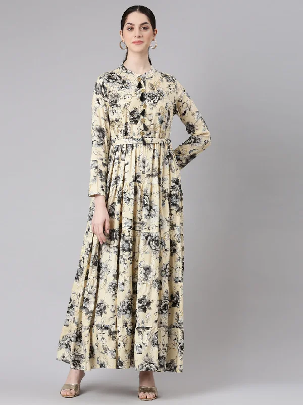 Exclusive Sale Neerus Cream Floral Printed Maxi Dresses