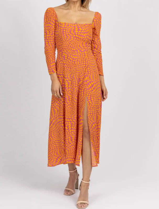 Spring Wardrobe Checked Squareneck Midi Dress In Orange