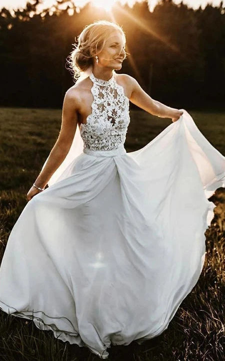 Score Big On Glamorous Red - Carpet Styles Jewel-neck Strapless Chiffon Country Wedding Dress with Lace Top