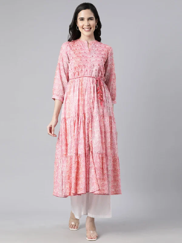 Chic Outfits Neerus Pink Straight Casual Floral Maxi Dresses