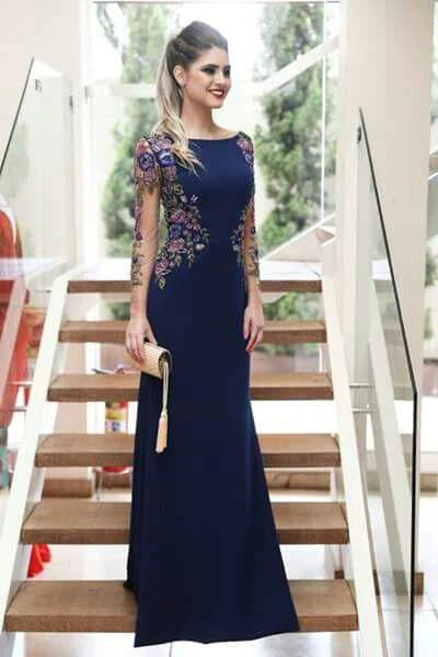 Summer Fashion Mermaid Long Sleeves Navy Blue Scoop Prom Dresses Long Formal Dresses