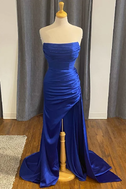 Update With Cottagecore Styles Blue Satin Strapless Mermaid Long Formal Dress with Slit