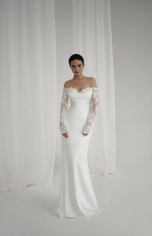 Chic Styles Sheer Long Lace Sleeve Crepe Wedding Dress