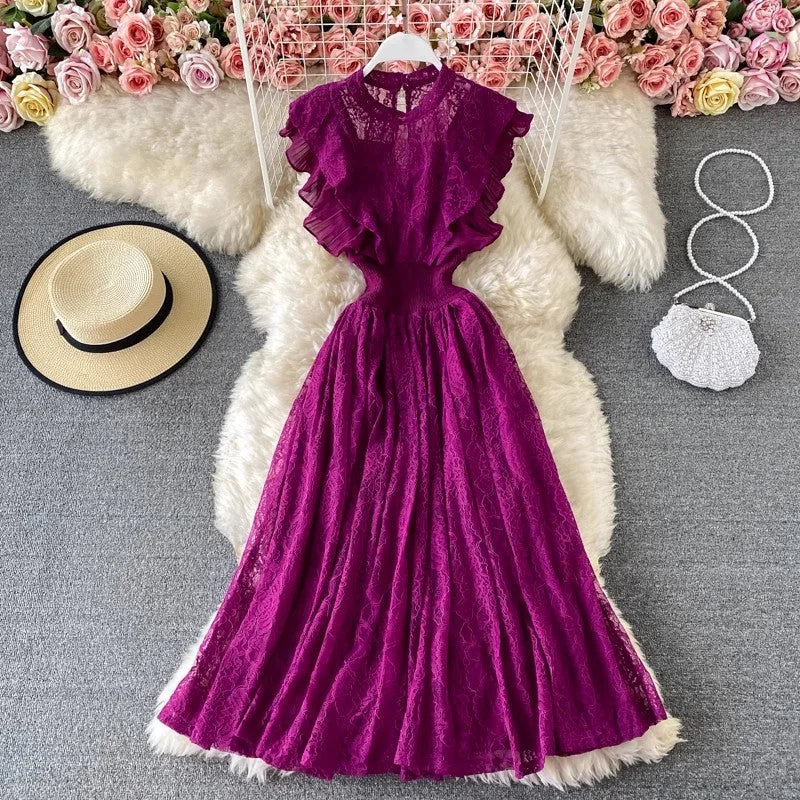 Casual Chic Lace Round Neck Dress, Long Sleeve Fashionable Elegant Ruffled Long Skirt      S3984