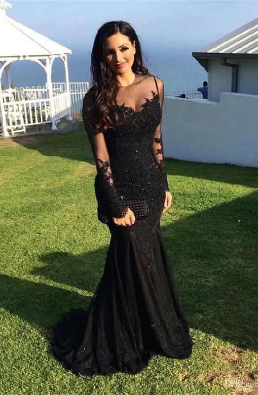 Stylish Savings Modset Mermaid Black Long Sleeves Prom Evening Dress with Appliques