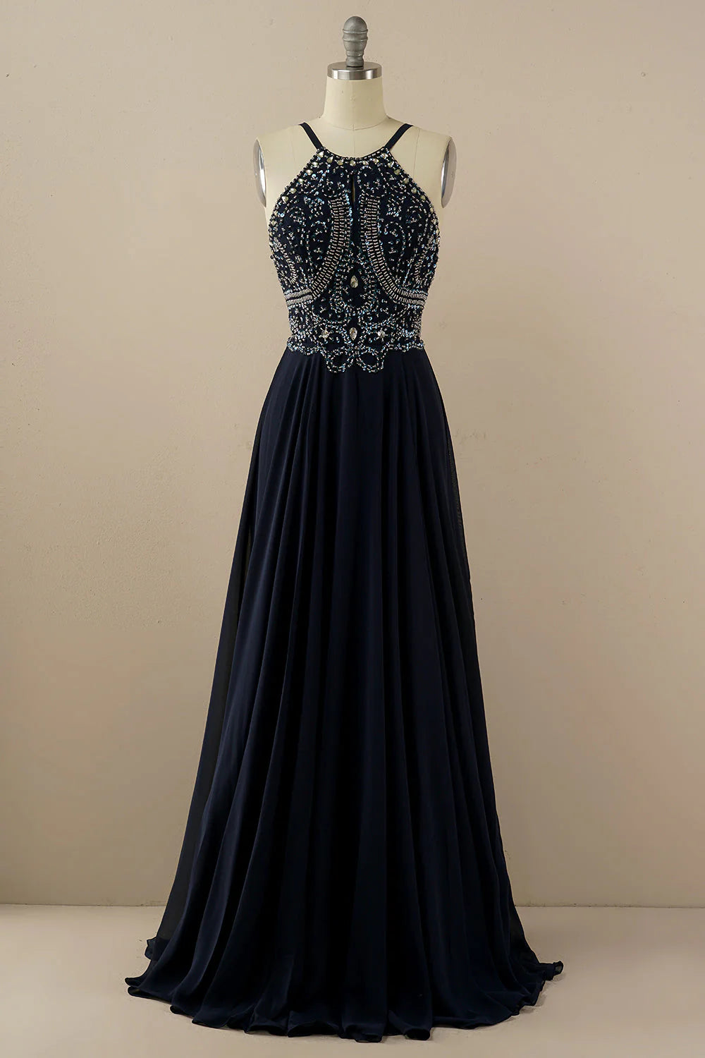 Spring Wardrobe Amzcw Navy A Line Halter Beaded Backless Long Prom Dress prom dresses with long sleeves