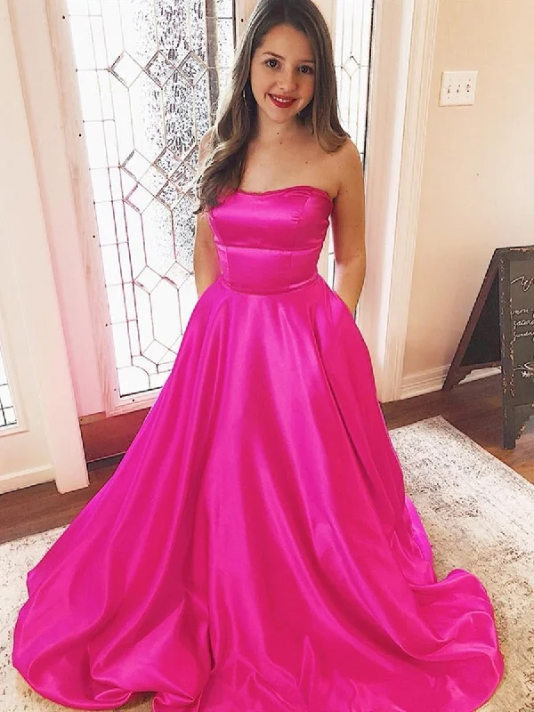 End Of Season Sale Strapless Fuchsia Satin Long Prom Dresses with Pocket, Hot Pink Long Formal Evening Dresses