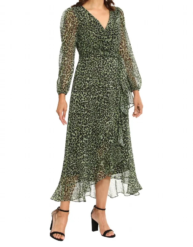 Beat The Heat In Tropical Styles Sage Ruffle Wrap Animal Print Maxi Dress