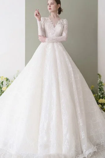 Stylish Spring Fashion Romantic Ball Gown Lace Floor-length Long Sleeve Keyhole Wedding Dress with Appliques