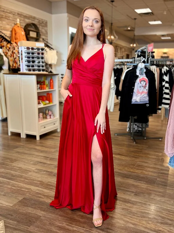 Limited Time Deal Simple V Neck Red Satin Long Prom Dresses with Leg Slit, V Neck Red Formal Graduation Evening Dresses SP2584