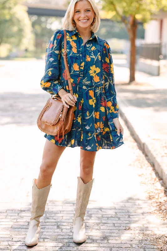 Trend Alert Make You Happy Navy Blue Floral Babydoll Dress