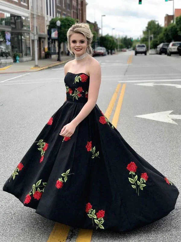 Exclusive Discount A Line Sweetheart Neck Satin Black Long Prom Dresses with Embroidery Flowers, Black Formal Dresses