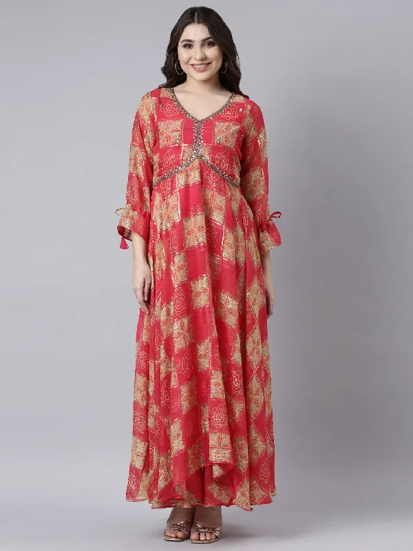 Day-To-Night Styles Neerus Red Flared Casual Floral Fit and Flare Dresses