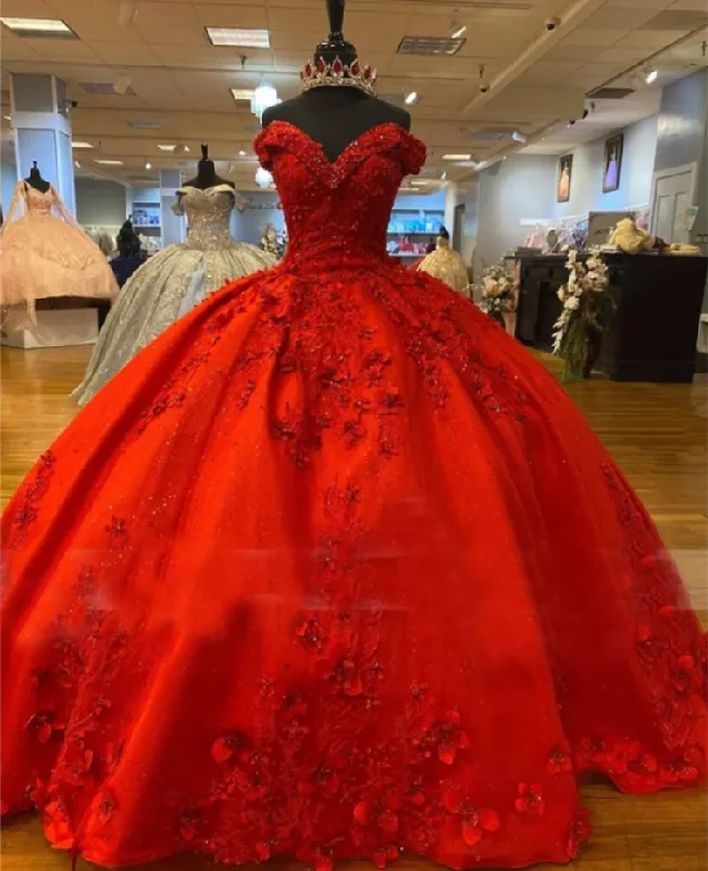 Fashion Deal Luxurious Red 3D Flowers Ball Gown,Sweet 16 Dress,Quinceanera Dress  Y5321