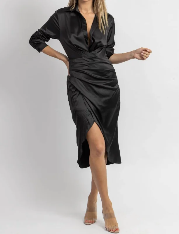 Hot Trends Camila Collar Side-Ruche Midi Dress In Black