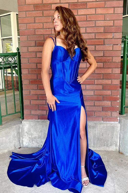 Mother'S Day Special Royal Blue Satin Mermaid Straps Long Prom Dress with Slit