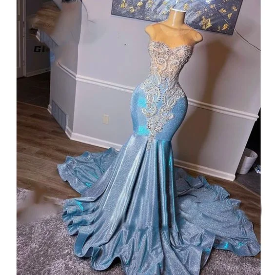 Fashion-Forward Outfits Light blue prom dresses, crystal evening dresses, sequins evening gowns, mermaid prom dresses, court train evening dresses Y1593