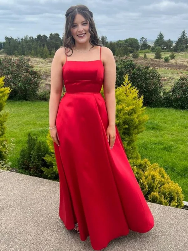 Trendy Styles Simple A Line Red Satin Long Prom Dresses, Long Red Formal Graduation Evening Dresses SP3052