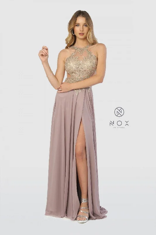 Special Occasion Wear Long Evening Gown Open Back Prom Dress Tan Gold