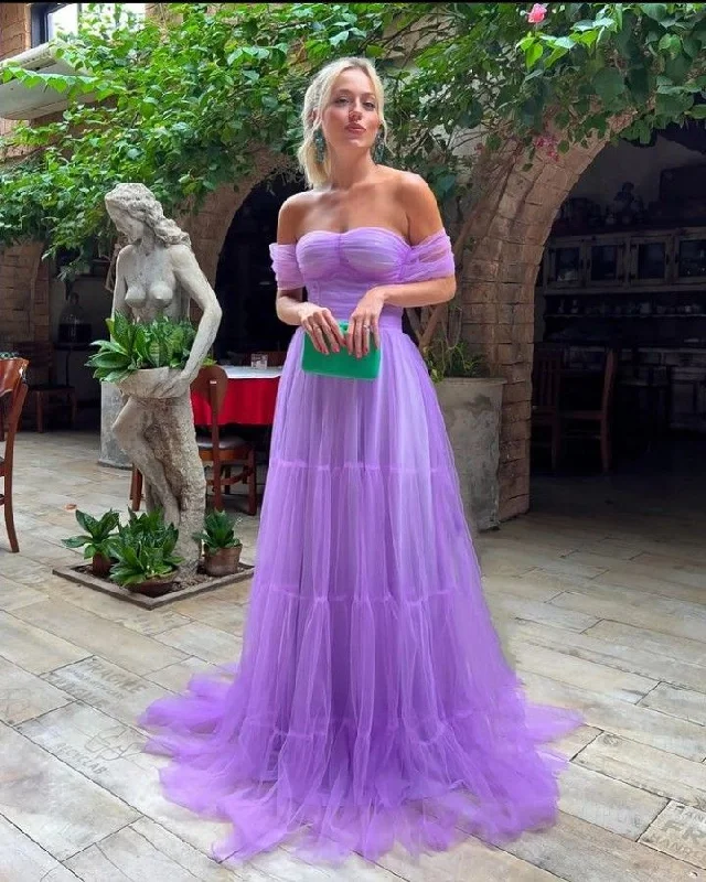 Spring Fashion A Line Purple Off the Shoulder Formal Evening Gowns Tulle Long Prom Dresses Y2198