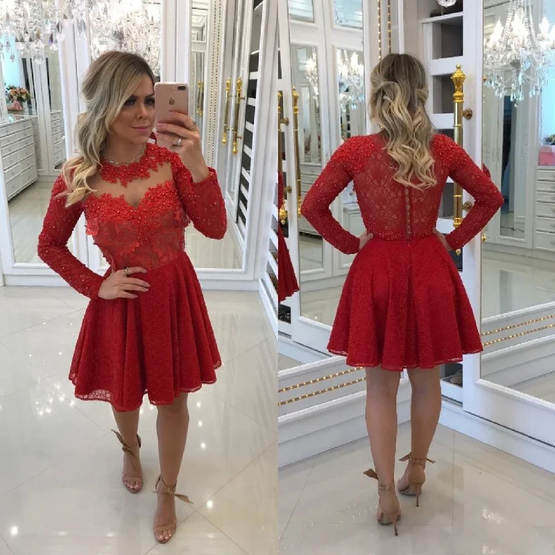 Stylish Looks Red Beads Long Sleeve Homecoming Dresses   S1930