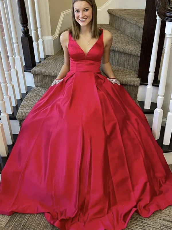 Feminine Soft - Hued Styles A Line V Neck Red Satin Long Prom Dresses with Pocket, V Neck Red Formal Dresses, Red Evening Dresses