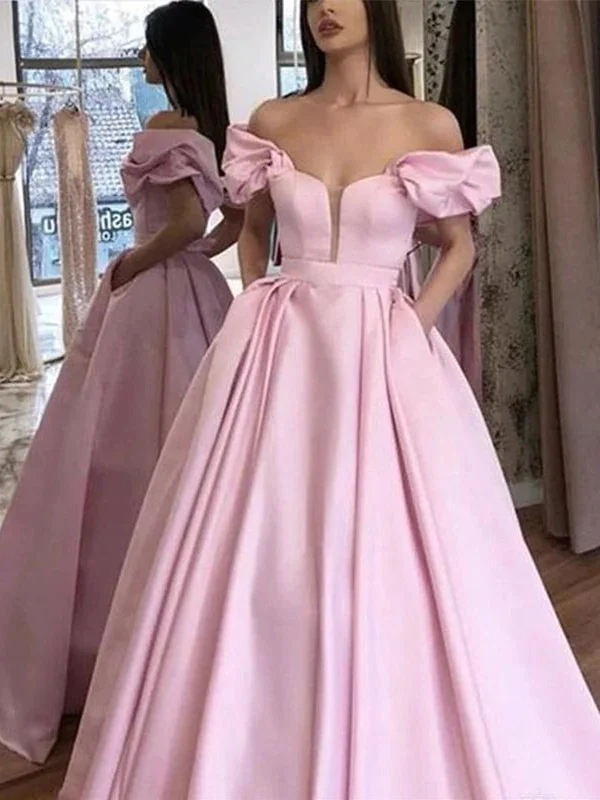 Stylish Looks Off Shoulder Pink Satin Long Prom Dresses, Off the Shoulder Pink Formal Dresses, Pink Evening Dresses SP2320