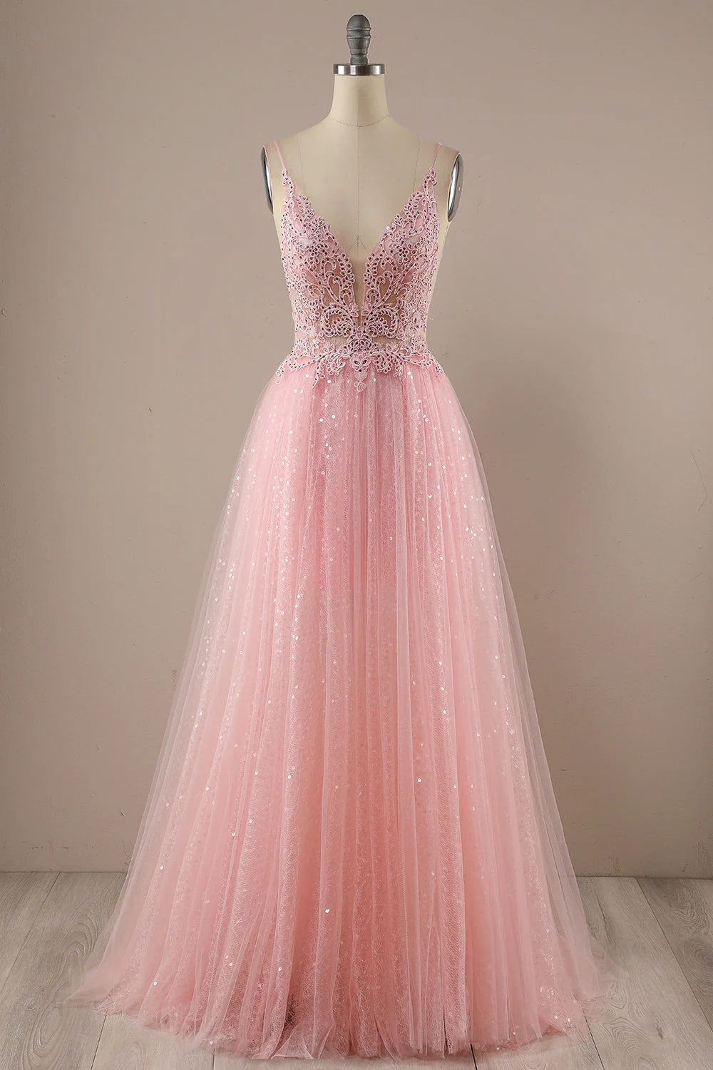 Special Occasion Wear Amzcw Pink A Line Spaghetti Straps Long Prom Party Dress With Sequins prom dresses with long sleeves