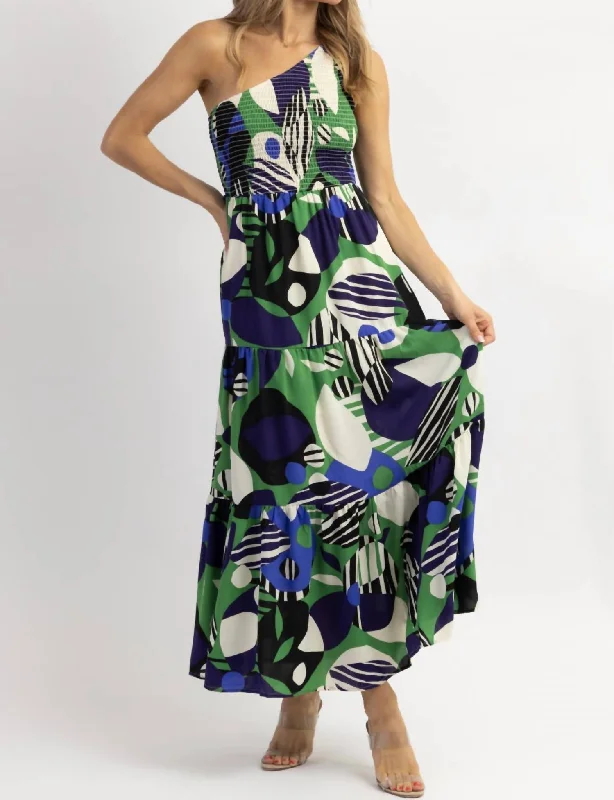 Chic Style Costa Geometric One Shoulder Midi Dress In Multi