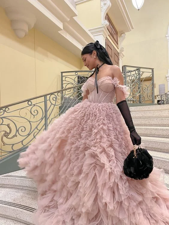 Big Savings Sweetheart Tulle Ball Gown Evening Dresses Dirty Pink Saudi Arabia Long Ruffle Prom Gown For Women Y4661