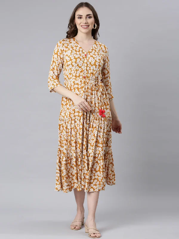 Trendy Styles Neerus Mustard Curved Casual Floral Maxi Dresses