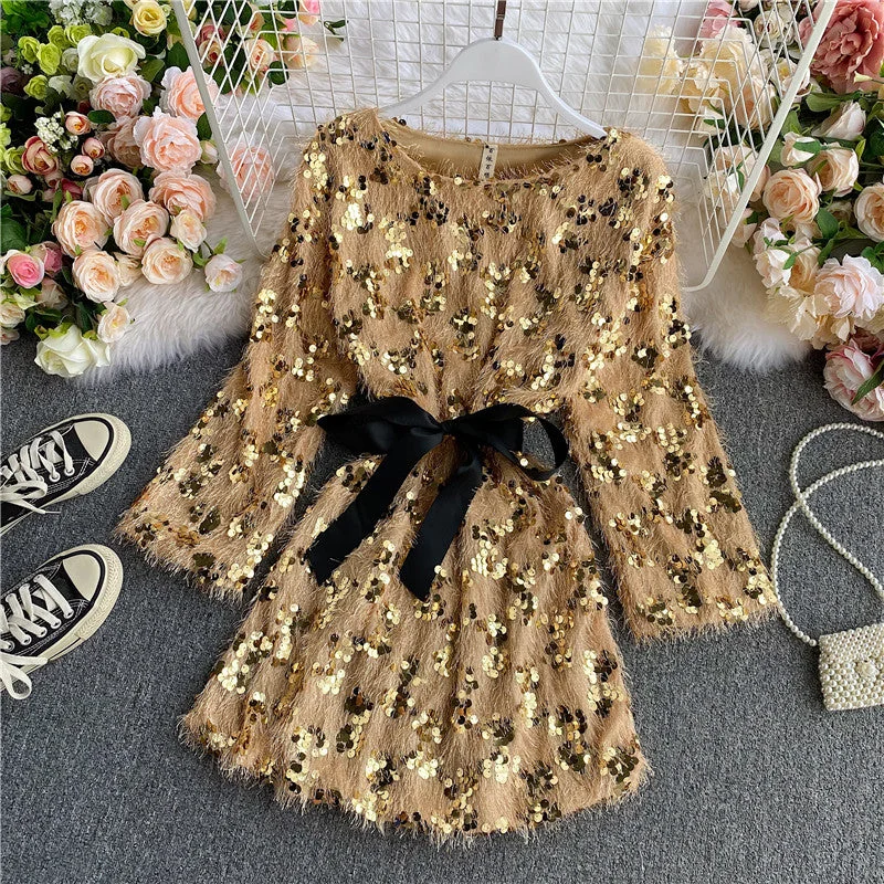 Day-To-Night Styles Cute sequins short dress long sleeve fashion dress   S479