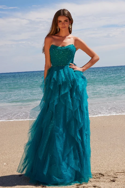 Celebrate With Big Savings Glitter Strapless Ruffled Gown by Nox Anabel A1591